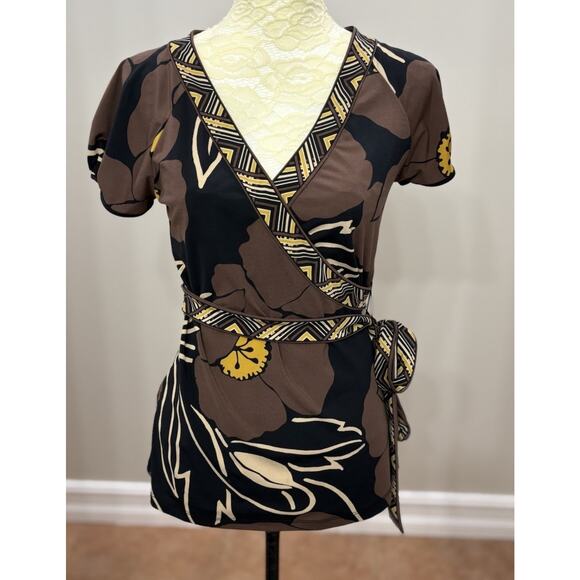 BCBG Y2K Vintage Womens Top Size Medium V‎ Neck Brown Black Short Slv Faux Wrap - Picture 1 of 10